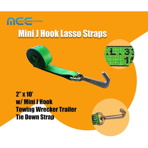 2 X 10' Lasso Strap W/ Mini J Hook For Towing Wrecker Trailer Tie Down, 12PK